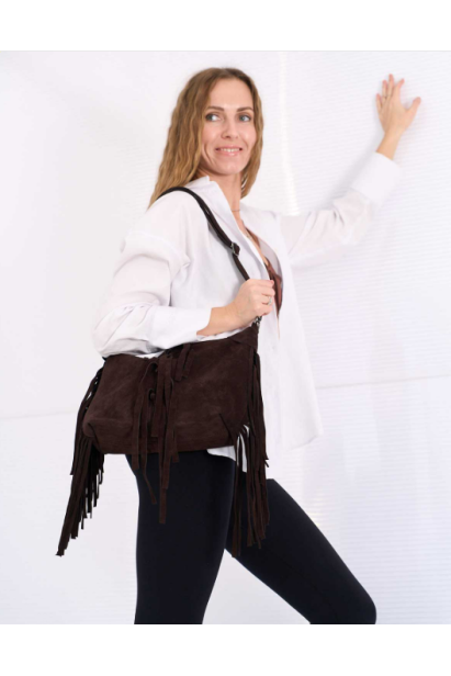 Жіноча замшева сумка з бахромою шоколадна