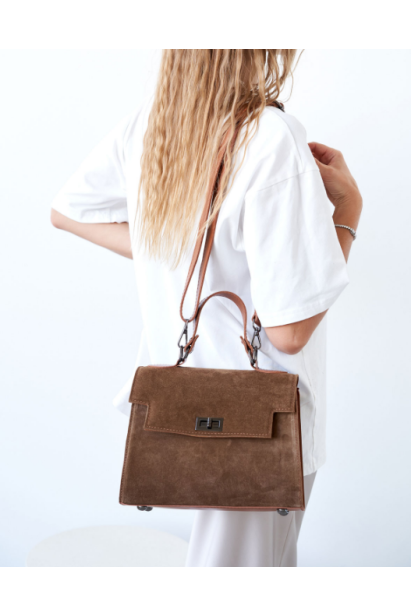 Сумка зі вставкою з натуральної замші карамельна