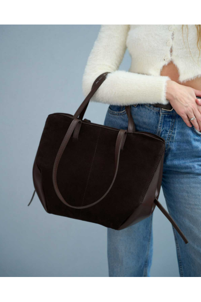 Сумка зі вставкою натуральний замш шоколадна