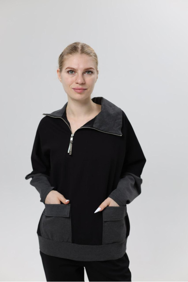 Худи MK женский oversize 54-56 черный+графитовые рукава (1299grXL)