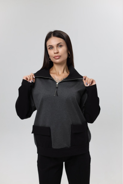 Худи MK женский oversize 54-56 графит+ черные рукава (1299grbXL)