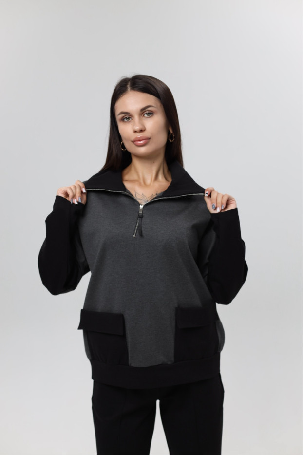 Худи MK женский oversize 54-56 графит+ черные рукава (1299grbXL) - фото 1
