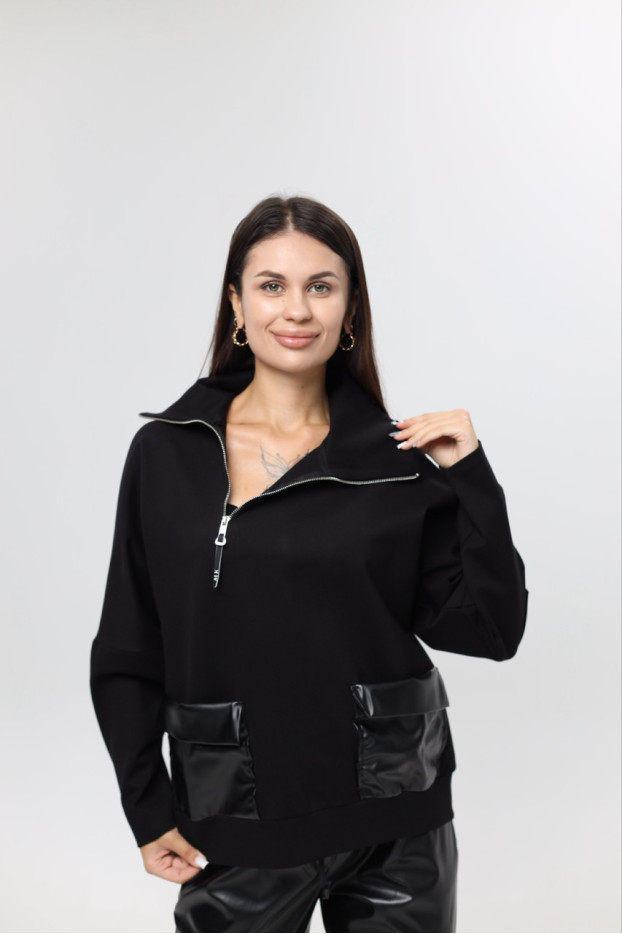 Худі MK жіночій oversize 54-56 чорний+еко шкіра (1299/1XL) - фото 1